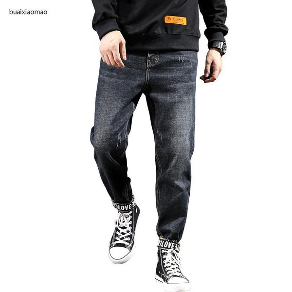 

men's jeans joggers black grey denim overalls men multi-pocket harem pants streetwear cargo 2021 korean clothes male, Blue