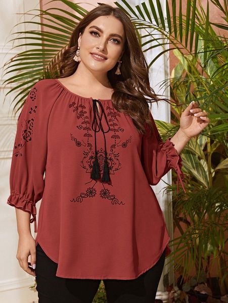 

plus floral print tie neck drawstring cuff blouse y9zu#, Black