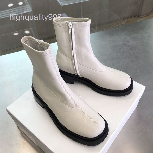 

boots high end quality autumn and winter elastic soft leather round head side zipper fashion middle tube martin boots women's, Black