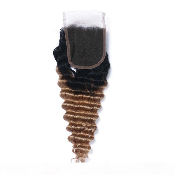 

deep wave 1b 27 honey blonde ombre peruvian virgin hair weave with lace closure light brown ombre 4x4 lace closure with 3bundles, Black
