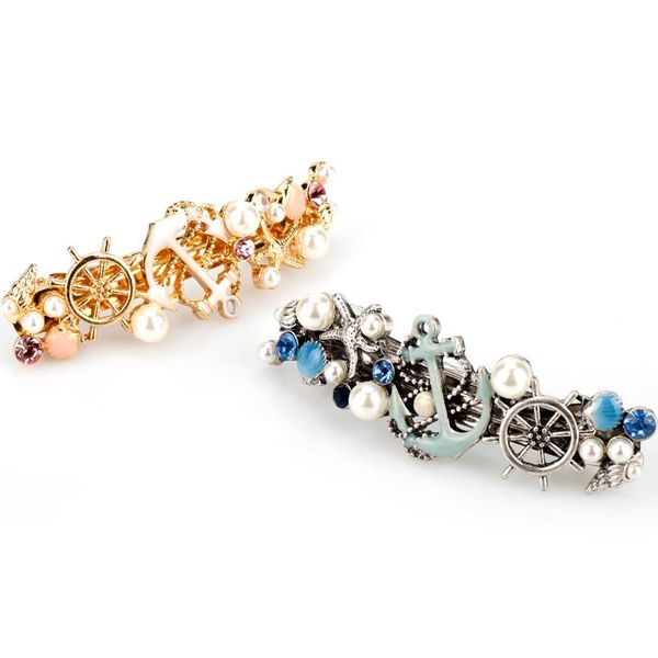 

viking hairpin anchor rudder luxury rhinestone pearls metal automatic starfish hair clips for girl styling headwear, Golden;silver