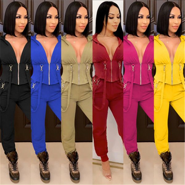 

women skinny 2pcs sets fashion trend long sleeve zipper v-neck hooded pant suits designer female winter new casual slim tracksuits, Gray