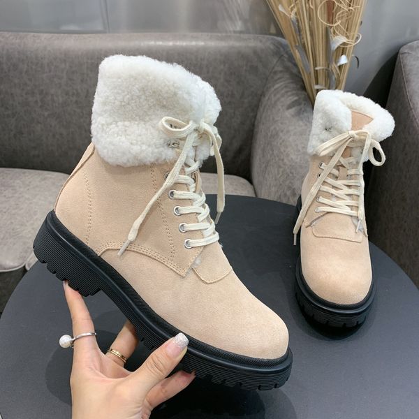 

designer womens boots luxury apricot suede round head lace-up with fluff low heel with box size 35-41, Black