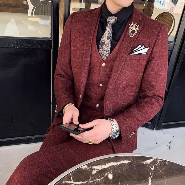 

2021 spring and autumn new men's solid color plaid business leisure slim shape three-piece men's wedding suit1, White;black