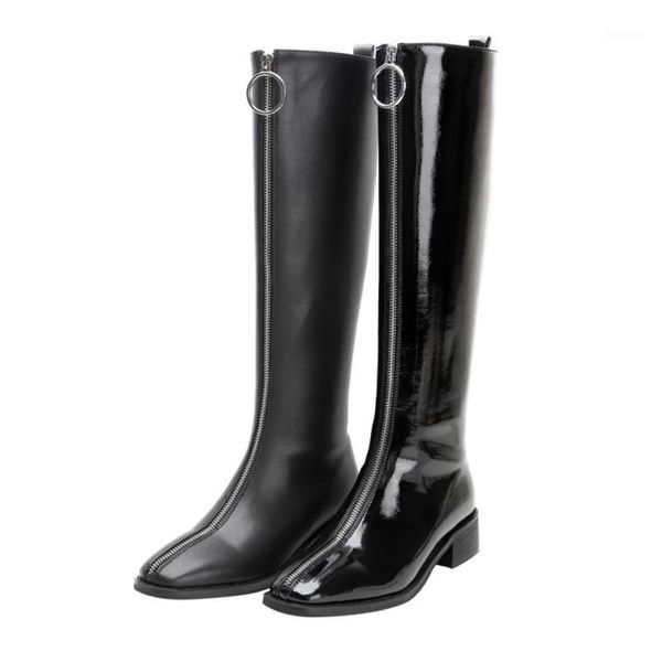 

boots 2021 fashion front zip knee high comfort low heel knight black ladies square toe shoes woman plus size 33-421