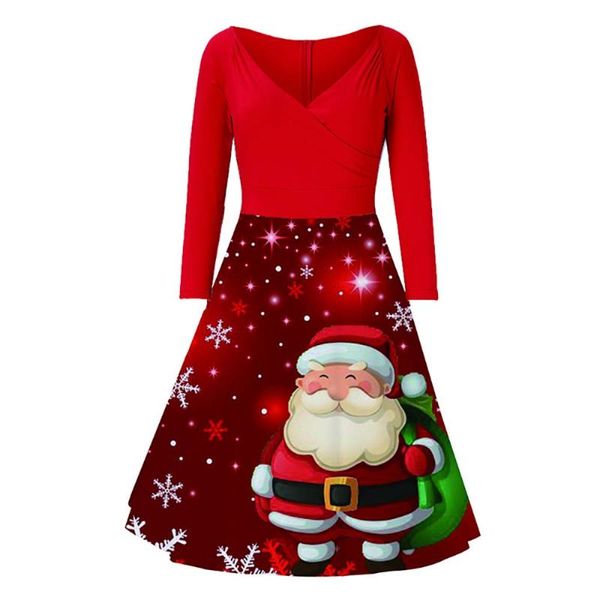 

casual dresses womens christmas dress long sleeve v neck large swing printed year party vestidos a-line plus size ladies skater, Black;gray