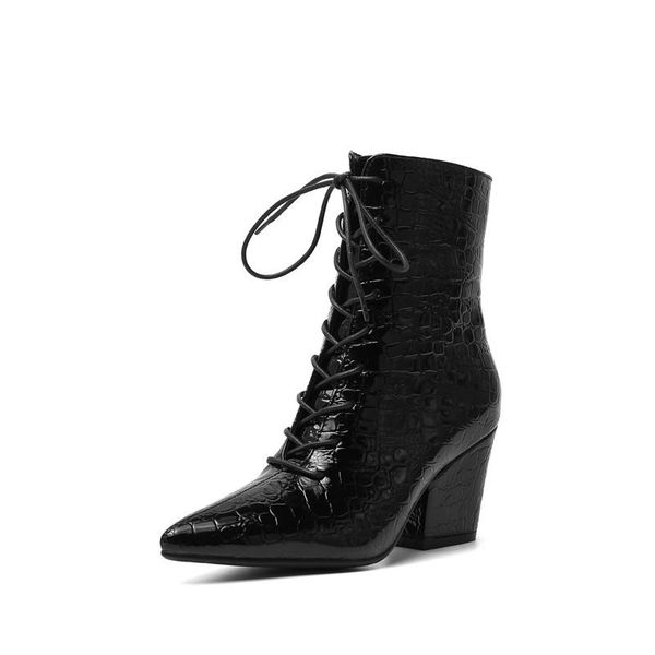 

morazora 2020 big size 34-43 fashion winter ankle boots thick heels pointed toe lace up ladies shoes pu leather women boots, Black