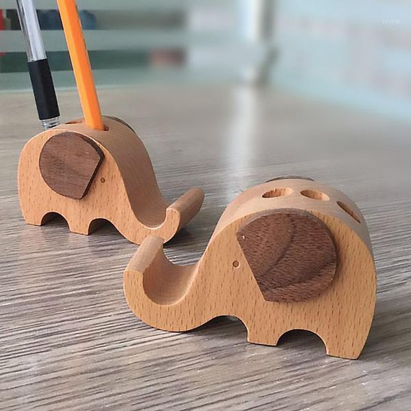 

wholesale portable solid wood elephant figurine mobile phone holder stand base three pencil container practical accessories1