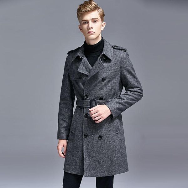 

men's wool & blends men slim woolen winter overcoat casual england fashion double breasted windbreaker jacket mens trench coat jackets, Black