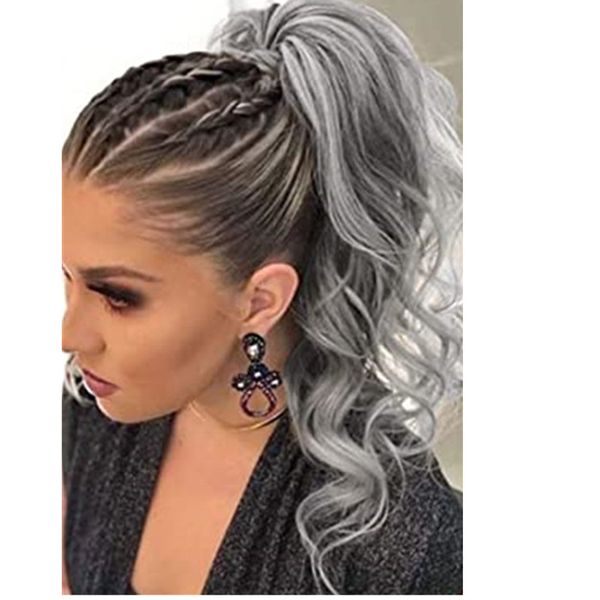 

grey wavy wrap around clip in drawstring ponytail extensions salt and pepper real hair body wave pony tails hairpieces for women, Black