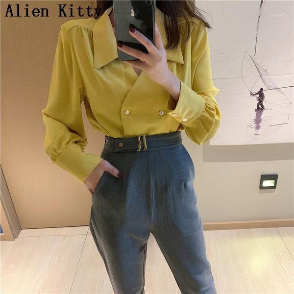 

alien kitty elegant simple fresh casual solid loose spring double breasted female sweet long sleeves chiffon shirt 2 colors1, White