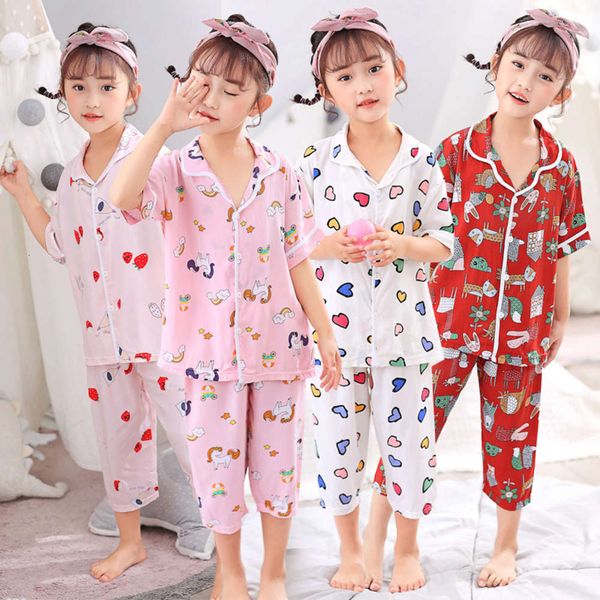 

new children's home wear lapel summer cotton silk suit thin short sve capris air conditioning clothing girls boys' pajamas, Blue;red