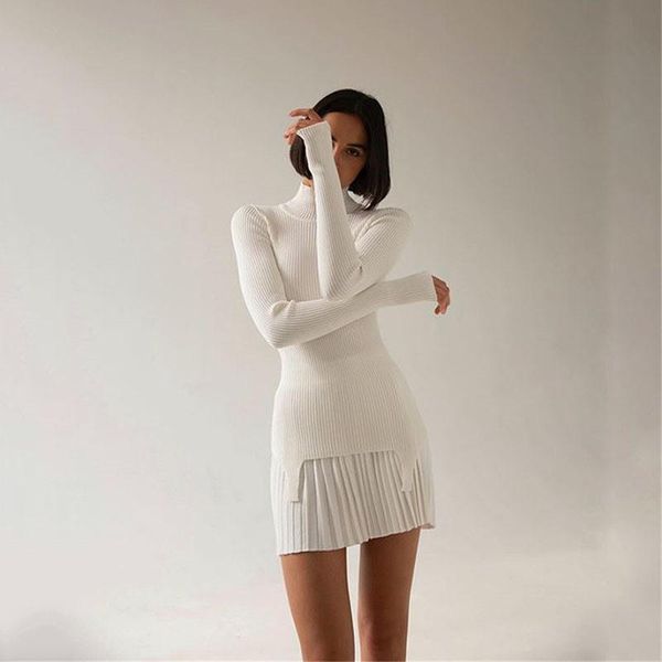 

2020 winter knitted ribbed bodycon long t-shirts tees women shirts fashion solid black turtleneck skinny t shirt female tee, White