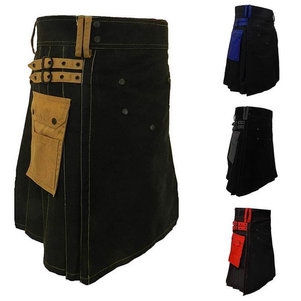 

2021new scottish men kilt traditional plaid belt pleated chain bilateral brown gothic punk scottish plaid pants skirts, White;black