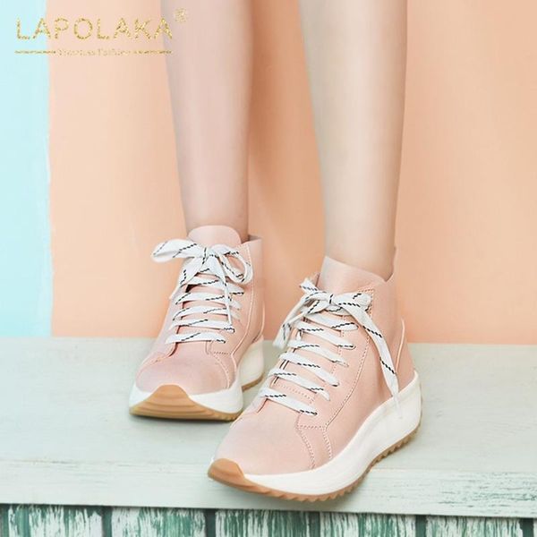 

lapolaka 2020 round toe wedge heels ankle boots woman shoes platform lace up wholesale shoes lady boots female, Black