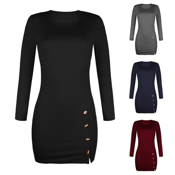 

new button bag hip long-sleeved dress for autumn and winter, Black;gray