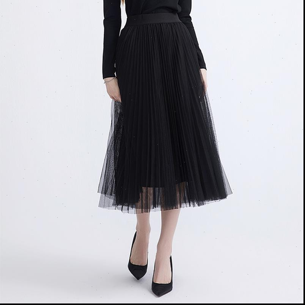 

fall winter gothic black white long mesh skirt office lady england preppy style high street elastic waist basic accordion skirts