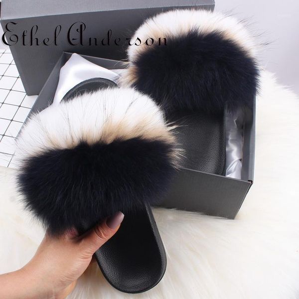 

women summer real raccoon fur slides casual new fashion furry slippers comfortable home flip-flops cute plush ladies sandals1, Black