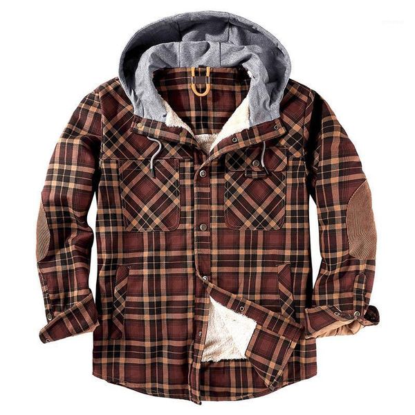 

2020 winter jacket men fleece warm jacket shirts coat warm fleece pure cotton plaid hooded jackets coats single breasted1, Black