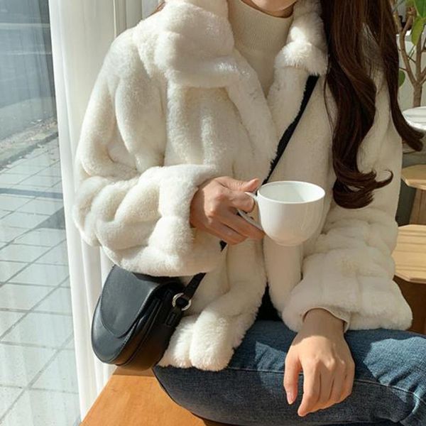 

women's fur & faux lucyever winter thick coats 2021 turn down collar short warm clothes femme all match full sleeve coat, Black
