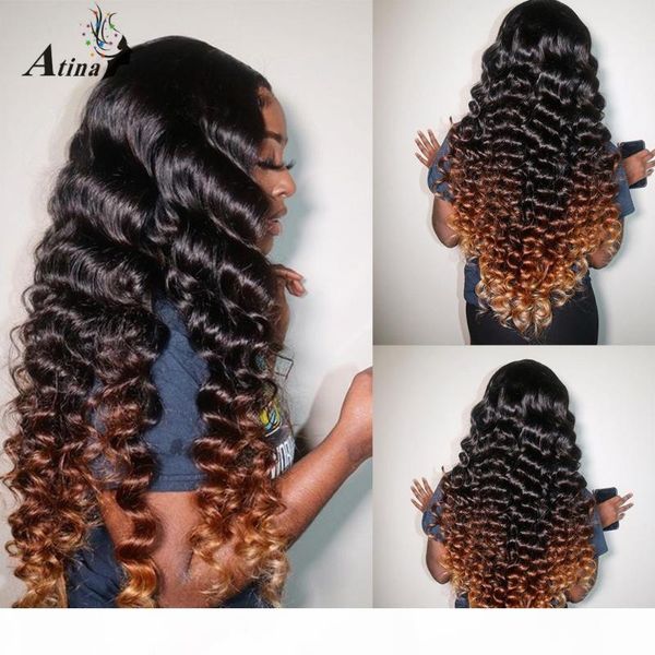 

deep part loose wave human hair wig pre plucked brazilian bleach knots remy ombre colored hd transparent lace front wig closure, Black;brown