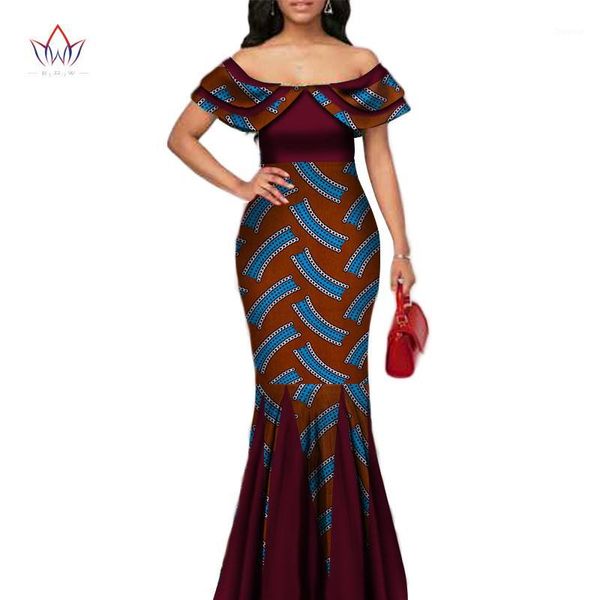 

fashion african print long mermaid dress for women bazin rich patchwork peter pan colla dresses african design clothing wy32721, Red