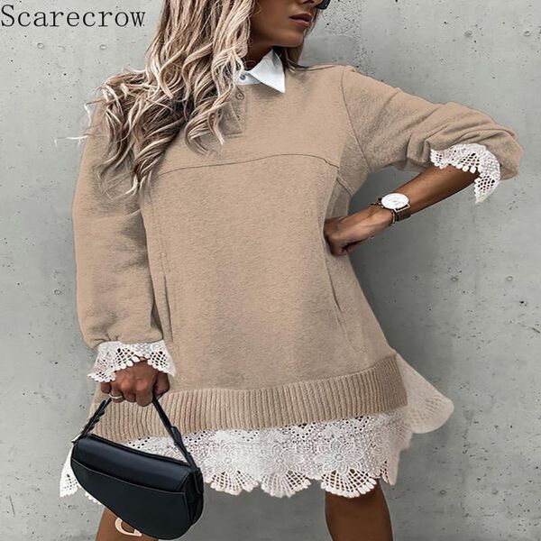 

winter new stitching lace long sleeved knitted shirt collar dress undefined woman dress for women maxi dresses for women, Black;gray