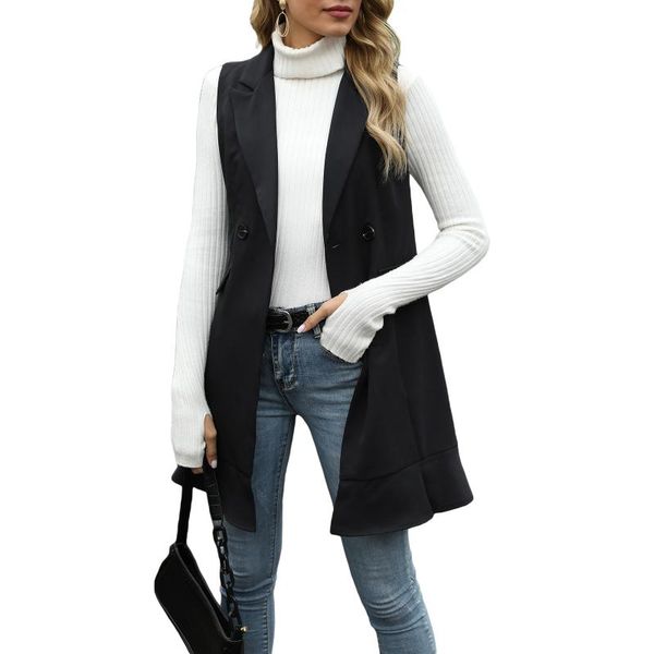 

women's vests women long vest lapel collar buttoned sleeveless coat with pockets fashion cardigan jackets autumn winter solid color bla, Black;white