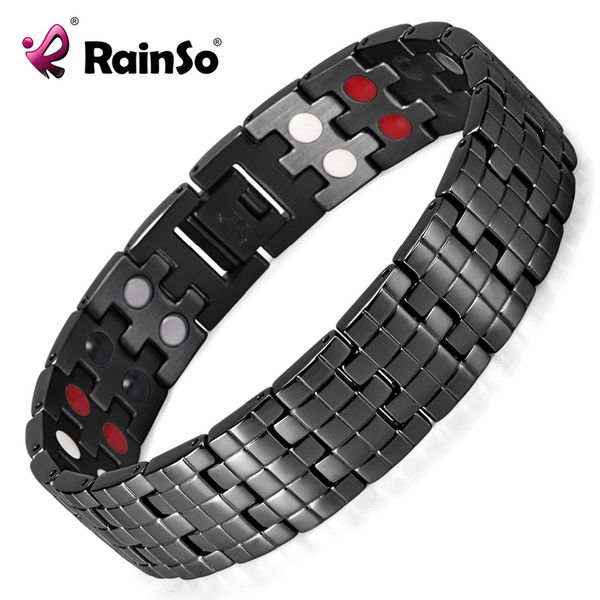 

rainso men's stainless steel bracelet double row 4 elements energy power link bracelet black polished osb-1044bfir 200928