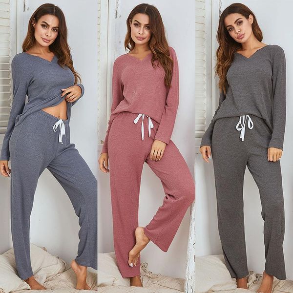 

women's tracksuits women pajamas sets sleepwear solid long sleeve v-neck trousers two piece set femme pijama autumn and winter, Gray