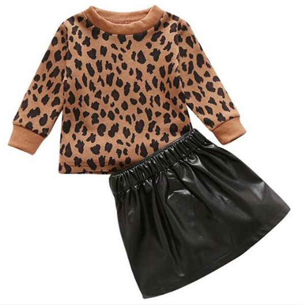 

fashion toddler kids girls baby clothes sets leopard print pullover sweatshirts sweater+zipper pu leather skirts warm outfits for children, White
