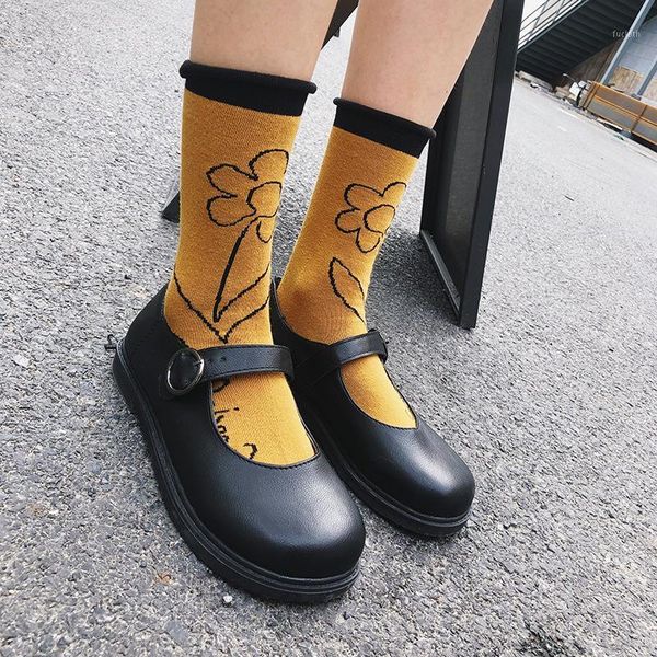 

jeseca japanese kawaii flower print girls cute sock 2020 autumn winter new christmas gift for women harajuku vintage streetwear1, Black;white