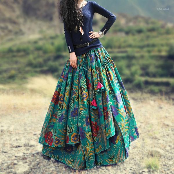 

women cotton linen printed elastic waist national style skirts ladies print floral skirt female 2019 cotton flax skirts1, Black