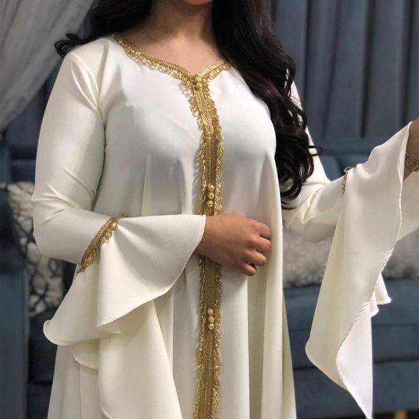 

women ruffles maxi dress loose long flare sleeves v neck muslim abaya braid trim dubai turkey moroccan malay gowns party caftans, Red