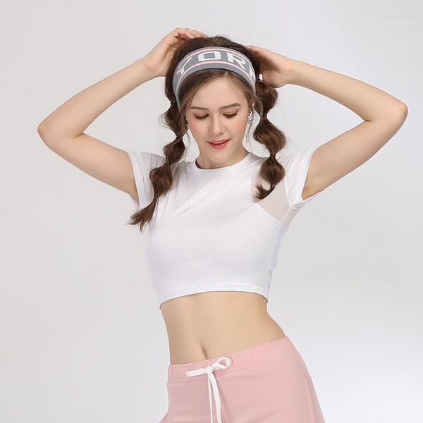

yoga outfits sport midriff-baring quick dry women loose workout running gym t-shirt mesh yarn stitching short sleeve women1, White;red