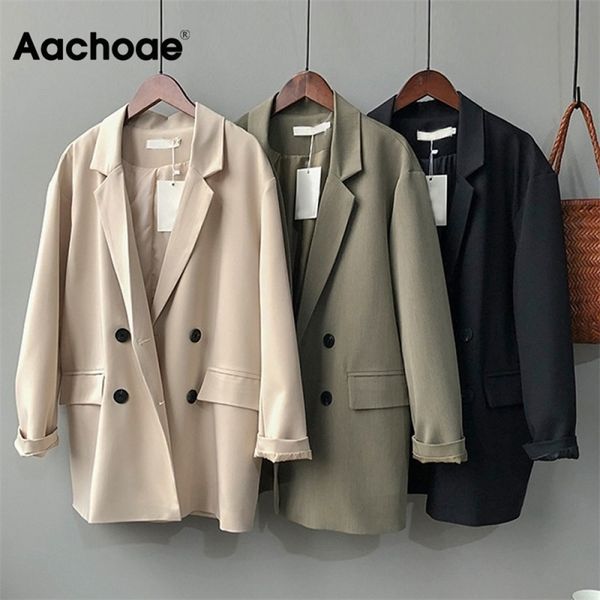 

elegant solid office blazer women double breasted pockets outwear jacket loose casual long sleeve ladies coat y201026, White;black