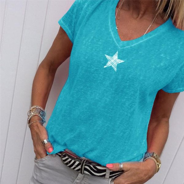 

casual slim v neck short sleeve women t shirt solid color basic t shirt size 5xl women star print summer, White