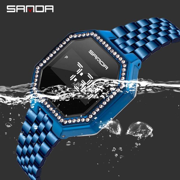 

sanda touch screen monitor led men clock fashion casual women sport electronic watch steel strap waterproof digital wristwatch bbypym, Silver