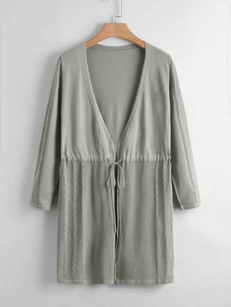 

plus solid drawstring waist cardigan k6fz#, Black