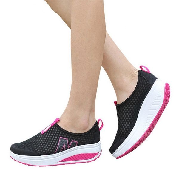 

women casual sneakers shoes sport fashion height increasing woman 2021 breathable air mesh swing wedges sneakers, Black;white