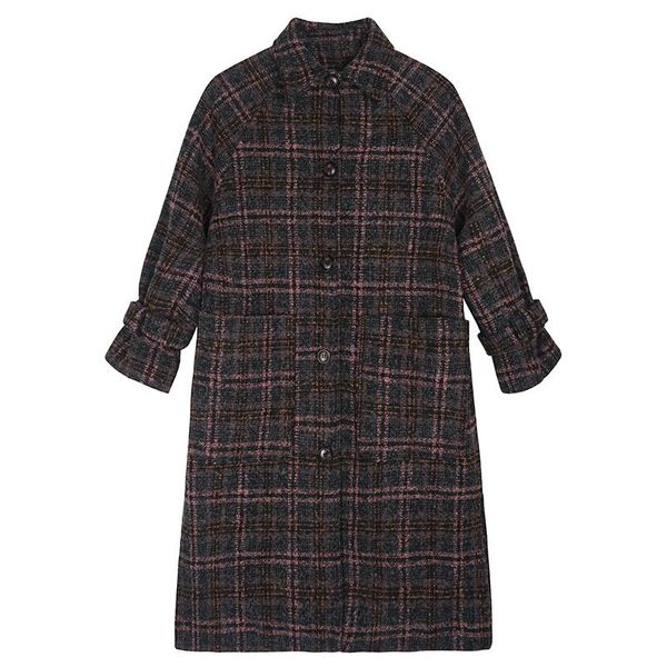 

2020 autumn winter vintage plaid loose long wool coat women overcoat korean plus size elegant female tweed trench outerwear, Black