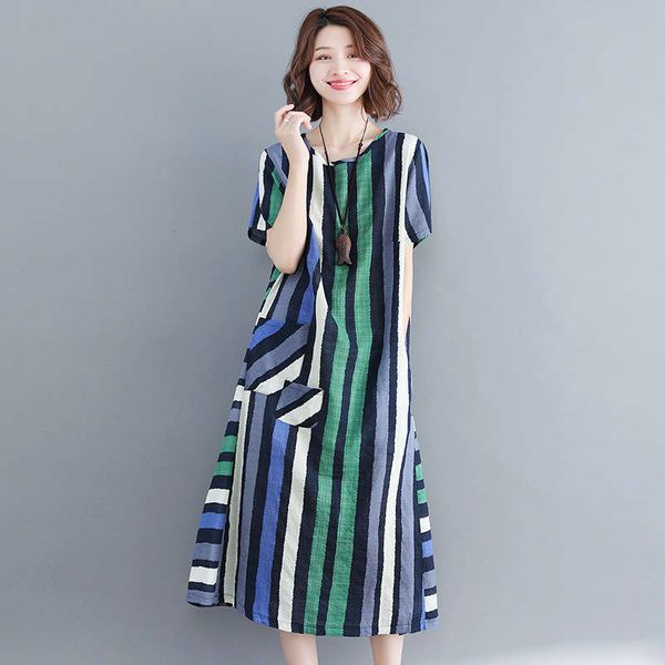 

2019 new literary large short sleeve striped national style loose medium length cotton linen dress, Black;gray