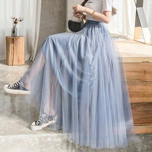 

pink gray 98cm long maxi ankle length tulle skirt womens 2020 new spring summer high waist pleated school mesh tutu skirt female, Black