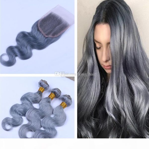 

pure color sliver grey body wave human hair bundles with lace closure 4x4 brazilian virgin grey hair weft 3pcs with closure, Black;brown