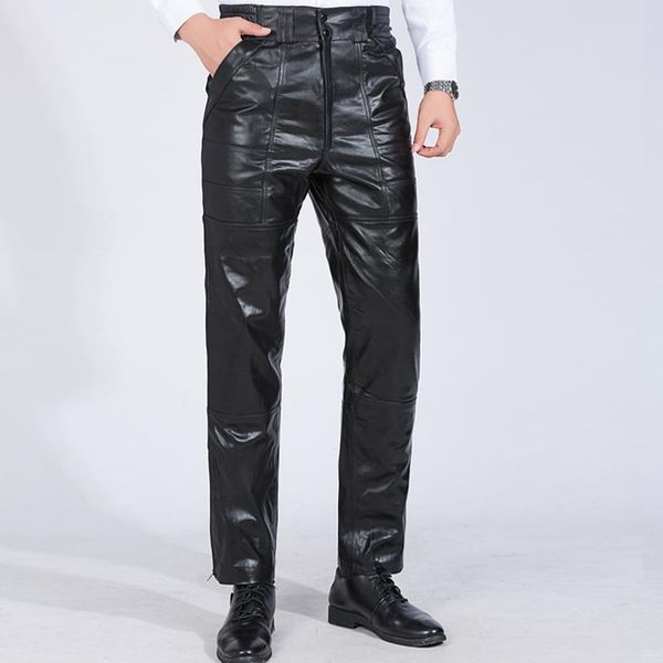 

men's pants male genuine leather plus size straight men real sheepskin casual full length trousers oversized, Black