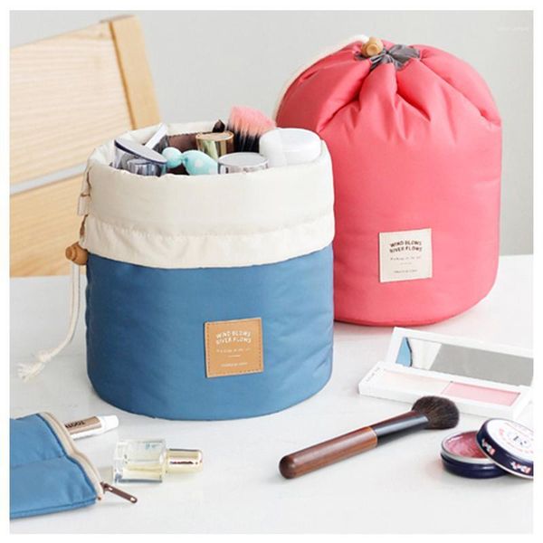 

new barrel shaped travel waterproof cosmetic bag drawstring elegant drum wash bags makeup organizer fashion storage bag women1
