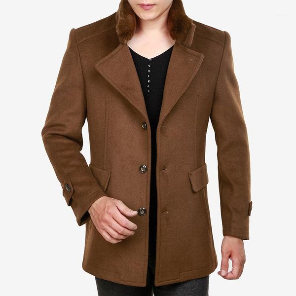 

men woolen coat winter clothing thick warm brown wool blend coat casual faux fur collar oversized long overcoat xxxl male, Black