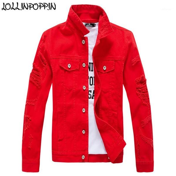 

solid color men destroyed jean jacket punk hip hop edge cuffs mens denim jacket ripped sleeves denim coat red / pink / white1, Black;brown