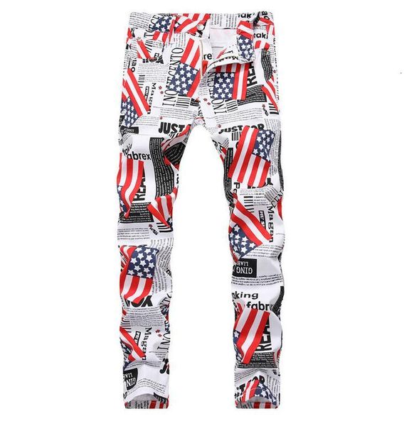 

wholesale aumutn big size jeans men's fashion full priting white denim pants casual streight leg jeans cj1905, Blue