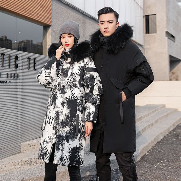 

2021 new mid long over knee winter couple parka korean slim and thickened down jacket for men, Black